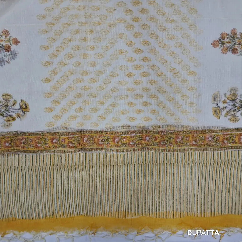 Designer off white base premium khadi linen unstitched salwar material (YELLOW)(lining needed) hand block printed allover, block printed cotton bottom,hand block printed pure kota cotton dupatta.JN262716