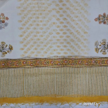 Designer off white base premium khadi linen unstitched salwar material (YELLOW)(lining needed) hand block printed allover, block printed cotton bottom,hand block printed pure kota cotton dupatta.JN262716