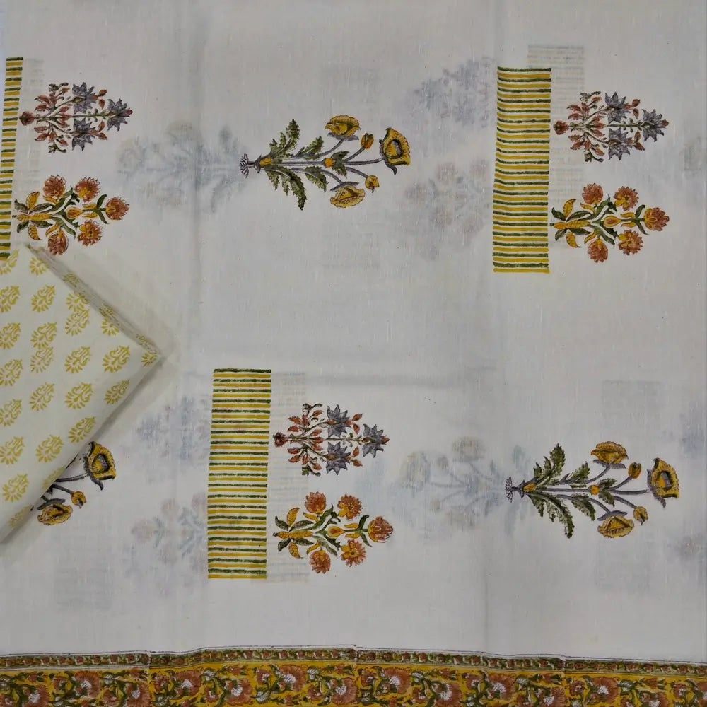 Designer off white base premium khadi linen unstitched salwar material (YELLOW)(lining needed) hand block printed allover, block printed cotton bottom,hand block printed pure kota cotton dupatta.JN262716