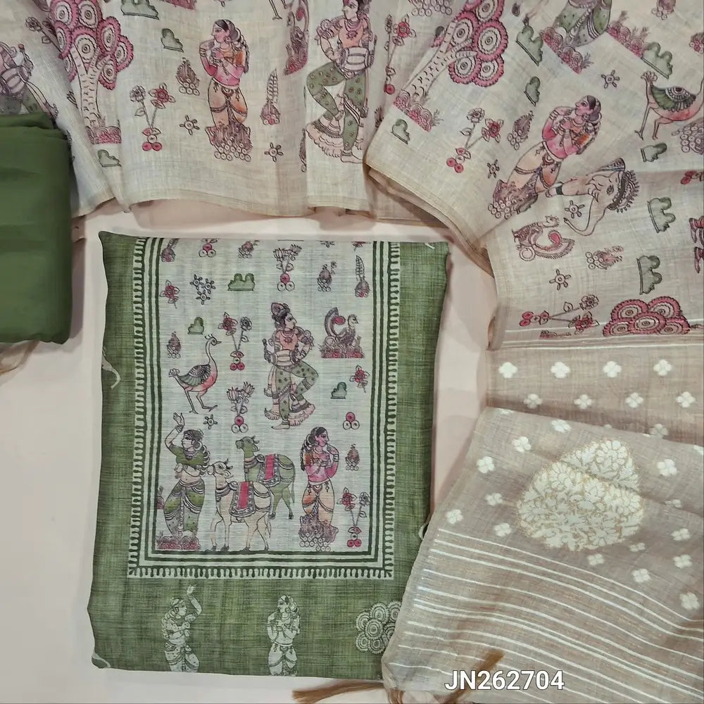 Designer light green digital printed moonga silk unstitched salwar material,digital printed all over(light weight,lining needed)matching silky bottom,digital printed permium muga silk dupatta with jamdhani woven pallu. JN262704