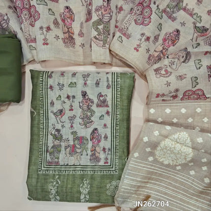 Designer light green digital printed moonga silk unstitched salwar material,digital printed all over(light weight,lining needed)matching silky bottom,digital printed permium muga silk dupatta with jamdhani woven pallu. JN262704