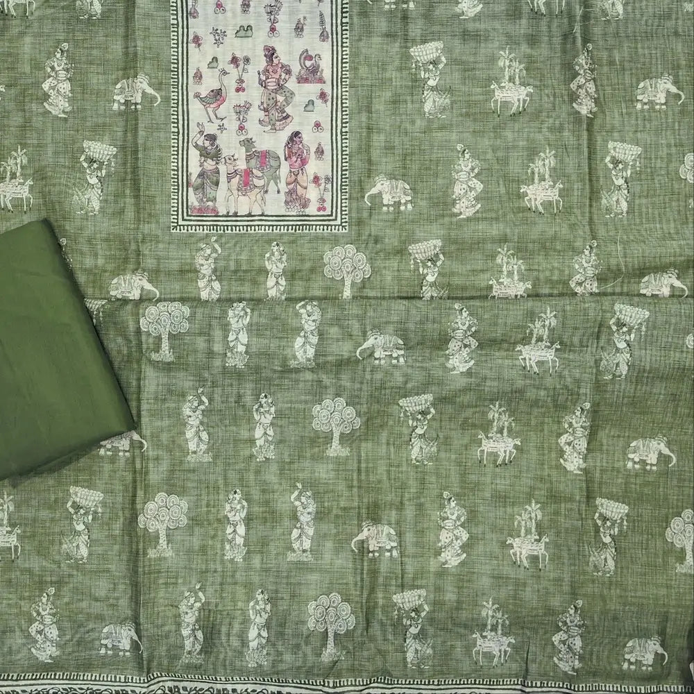 Designer light green digital printed moonga silk unstitched salwar material,digital printed all over(light weight,lining needed)matching silky bottom,digital printed permium muga silk dupatta with jamdhani woven pallu. JN262704