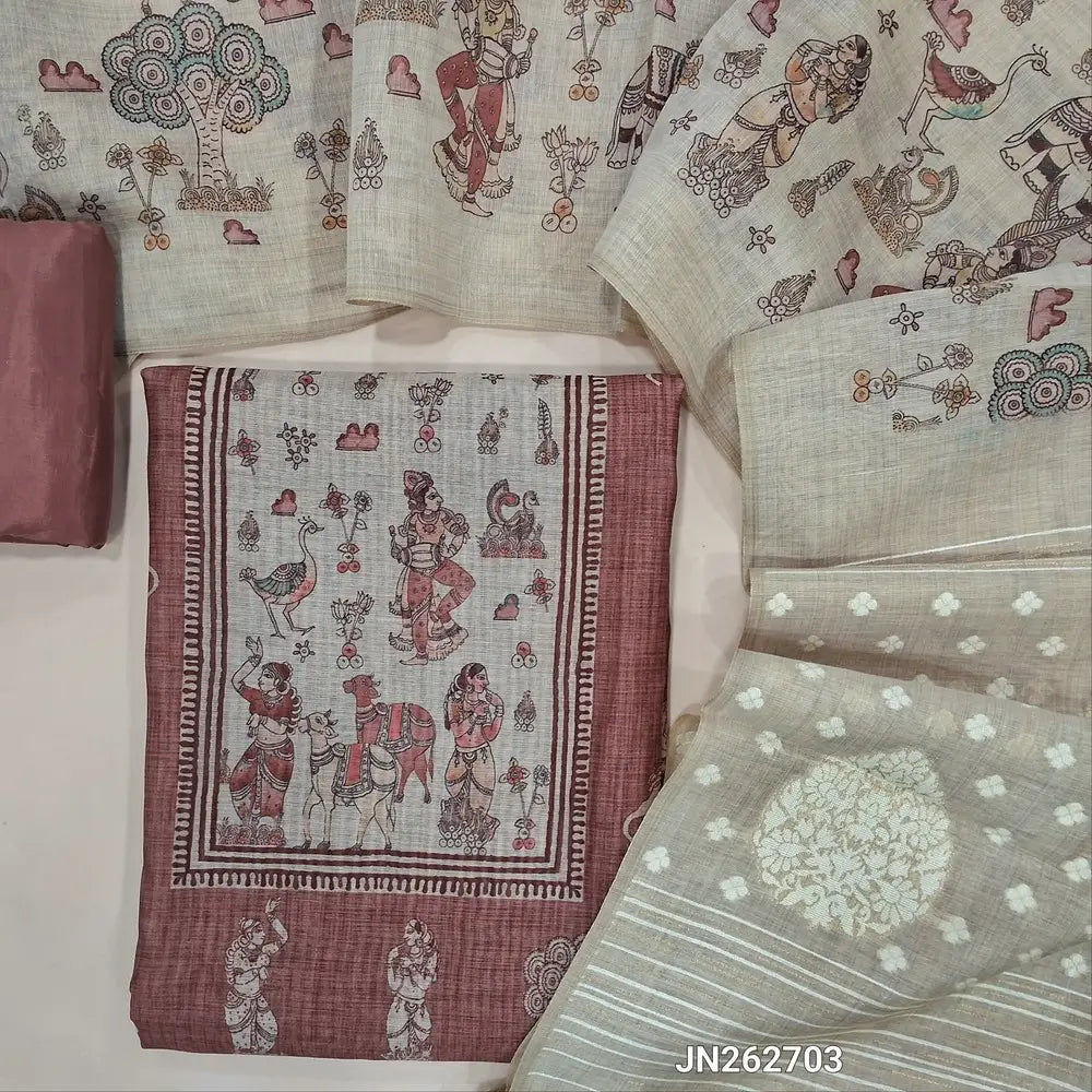 Designer pink shade digital printed moonga silk unstitched salwar material,digital printed all over(light weight,lining needed)matching silky bottom,digital printed permium muga silk dupatta with jamdhani woven pallu. JN262703