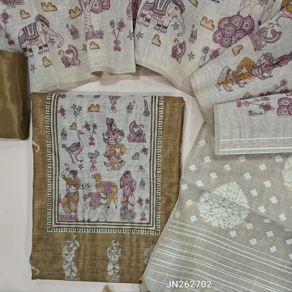 Designer mehandhi green digital printed moonga silk unstitched salwar material,digital printed all over(light weight,lining needed)matching silky bottom,digital printed permium muga silk dupatta with jamdhani woven pallu. JN262702