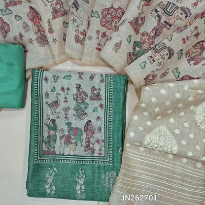Designer light teal green digital printed moonga silk unstitched salwar material,digital printed all over(light weight,lining needed)matching silky bottom,digital printed permium muga silk dupatta with jamdhani woven pallu. JN262701