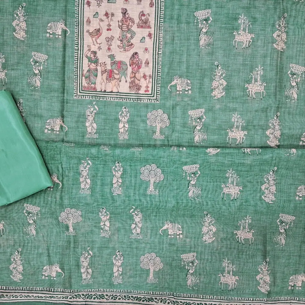 Designer light teal green digital printed moonga silk unstitched salwar material,digital printed all over(light weight,lining needed)matching silky bottom,digital printed permium muga silk dupatta with jamdhani woven pallu. JN262701