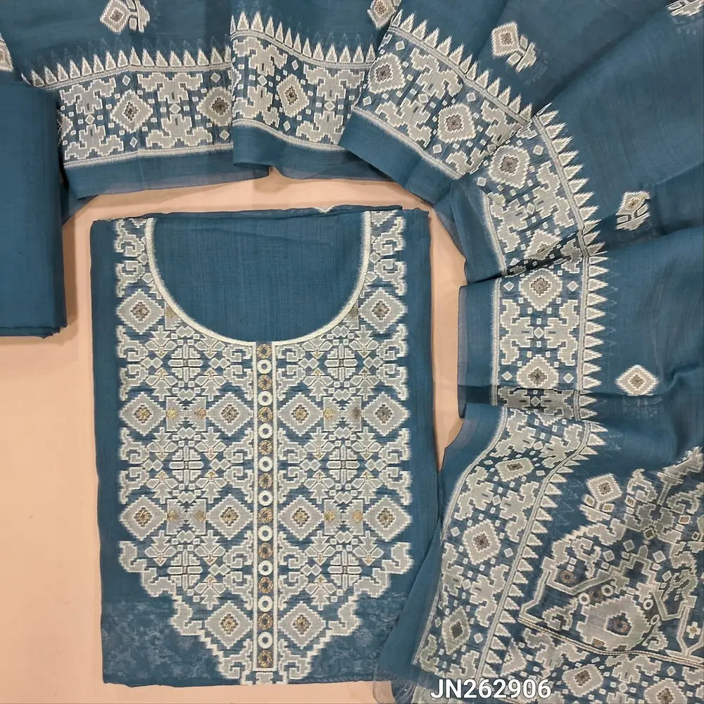 Designer denim blue jamdani woven premium silk cotton unstitched salwar material ( soft,lining needed) jamdani woven,thread & zari work on front, rich daman, matching silk cotton bottom, jamdani woven silk cotton full length dupatta with tassels. JN262906