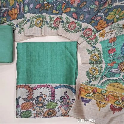 Designer Light teal blue viscous Silk unstitched salwar material, digital printed on daman(shiny,Lining Needed)matching silky Bottom,digital printed viscous silk dupatta.JN262902