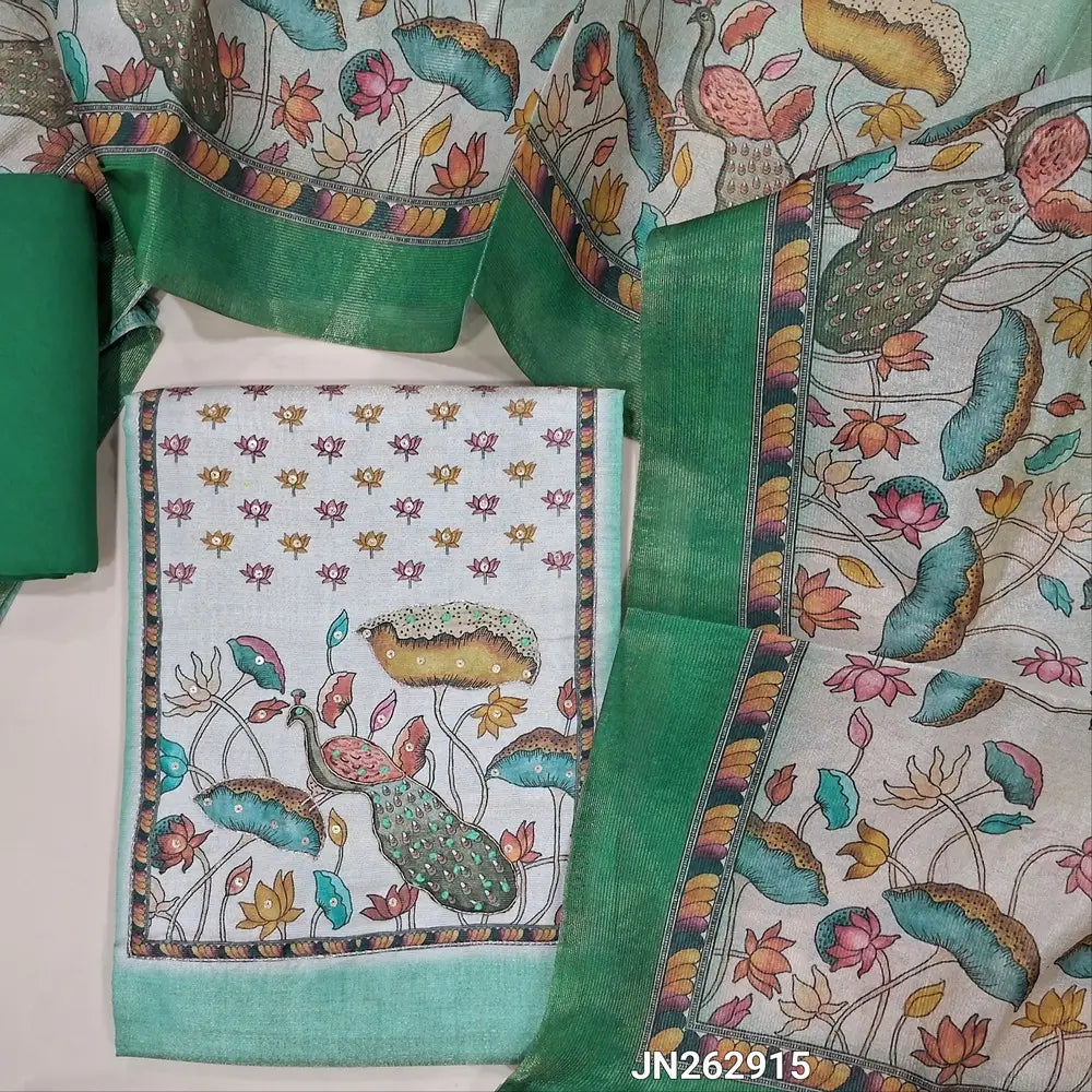 Pastel green Tissue Silk unstitched salwar material,(soft, lining needed) digital printed, hand work on yoke & daman, santoon bottom, Digital printed fancy tissue silk dupatta. JN262915
