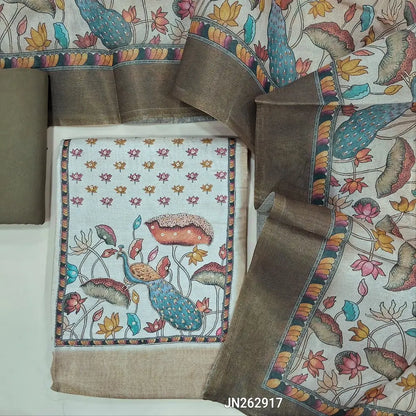 Rich Beige Tissue Silk unstitched salwar material,(soft, lining needed) digital printed, hand work on yoke & daman, santoon bottom, Digital printed fancy tissue silk dupatta. JN262917