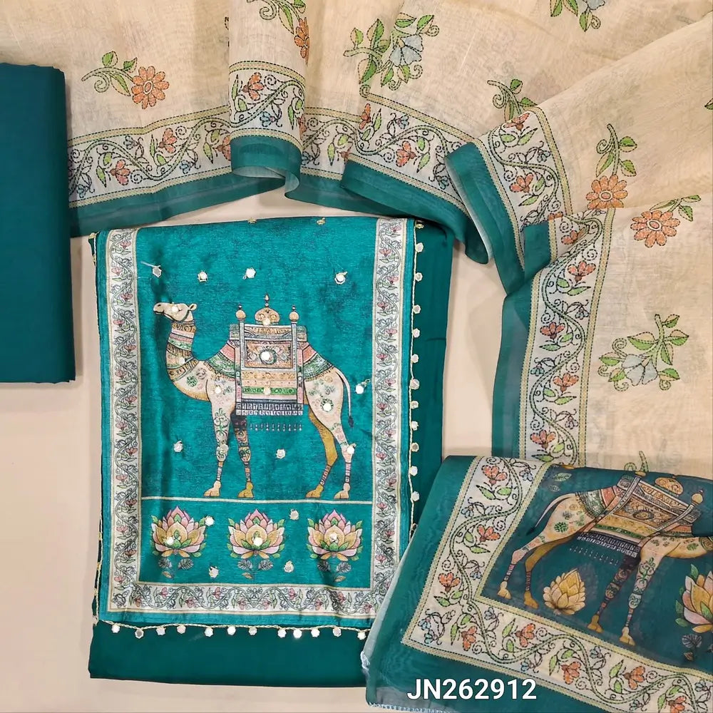Dark teal green satin cotton unstitched salwar material(lining needed) digital print, faux mirror work on yoke, matching cotton bottom, digital printed fancy silk cotton dupatta. JN262912