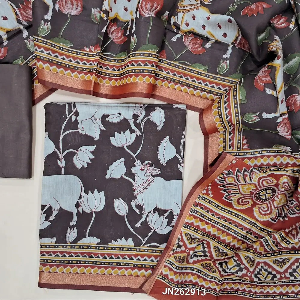 Dark brown pichwai printed soft fancy silk cotton unstitched salwar material, printed all over (Lining Needed) matching cotton bottom,printed full length premium silk cotton dupatta with contrast pallu. (REQUIRES TAPINGS) JN262913