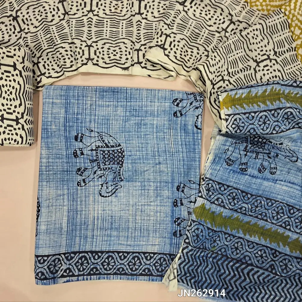Denim blue bagru hand block printed pure cotton unstitched salwar material,(lining needed)block printed cotton bottom,hand block printed full length mul cotton dupatta(TAPINGS NEEDED, INCONSISTENT PRINTS ARE NOT DEFECTS) JN262914