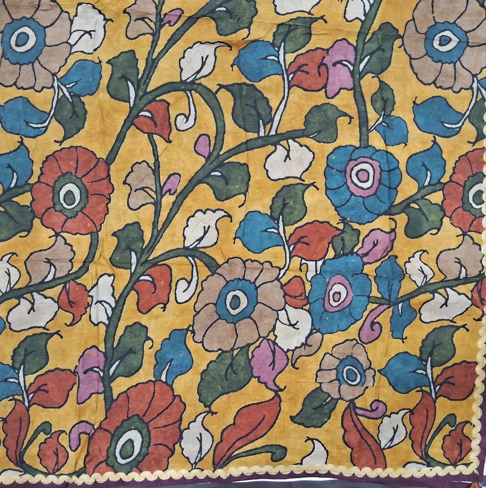 Designer mehandhi yellow pure muslin silk unstitched salwar material(silky,lining needed)embroidery, sequins & faux mirror work on yoke, kalamkari printed all over, spun cotton bottom,kalamkari printed short width pure muslin silk dupatta. JN262802