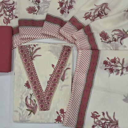 Half white base pink floral printed pure mul cotton unstitched salwar material, printed v neck(lining needed)pink cotton bottom, block printed pure kota cotton dupatta. JN262816