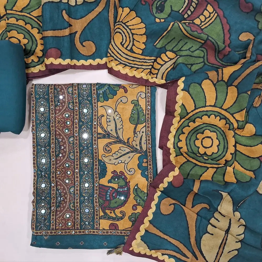 Designer dark teal blue pure muslin silk unstitched salwar material(silky,lining needed)embroidery, sequins & faux mirror work on yoke, kalamkari printed all over, spun cotton bottom,kalamkari printed short width pure muslin silk dupatta. JN262801