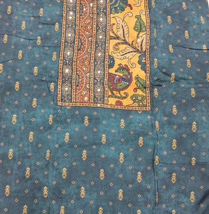Designer dark teal blue pure muslin silk unstitched salwar material(silky,lining needed)embroidery, sequins & faux mirror work on yoke, kalamkari printed all over, spun cotton bottom,kalamkari printed short width pure muslin silk dupatta. JN262801