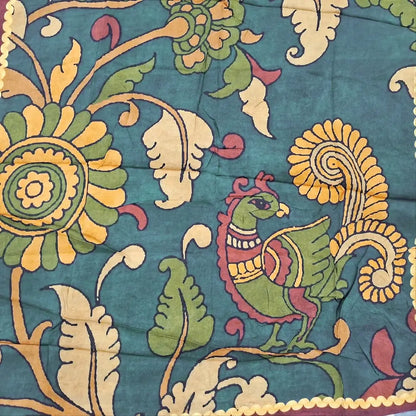Designer dark teal blue pure muslin silk unstitched salwar material(silky,lining needed)embroidery, sequins & faux mirror work on yoke, kalamkari printed all over, spun cotton bottom,kalamkari printed short width pure muslin silk dupatta. JN262801
