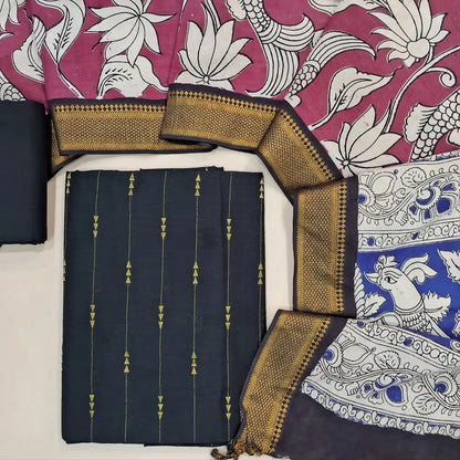 Black premium raw silk unstitched salwar material,gold zari weaving all over, (textured, Lining needed) matching silk bottom, pen kalamkari chennuri silk dupatta with nizam borders (INCONSISTENT STAINS ARE NOT DEFECTS). JN262804