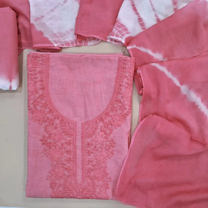 Pink embroidery cotton unstitched salwar material, self embroidery work on yoke (lining needed)shibori dyed matching cotton bottom, shibori dyed mul cotton dupatta. JN262807