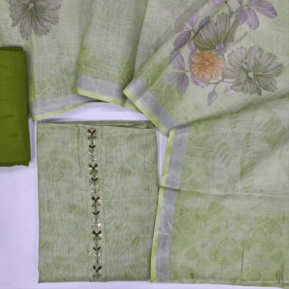 Pastel green silver tint tissue silk cotton unstitched salwar material(lining needed) mossy green silk cotton bottom,digital printed  tissue silk cotton dupatta with silver tissue borders. JN262809
