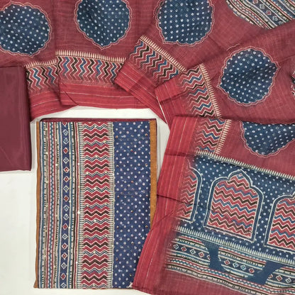 Dark maroon digital printed silk cotton unstitched salwar material, zari& sequins work on yoke, zari buttas all over(thin fabric, lining needed)matching silky bottom, digital printed silk cotton dupatta. CODE DC241403