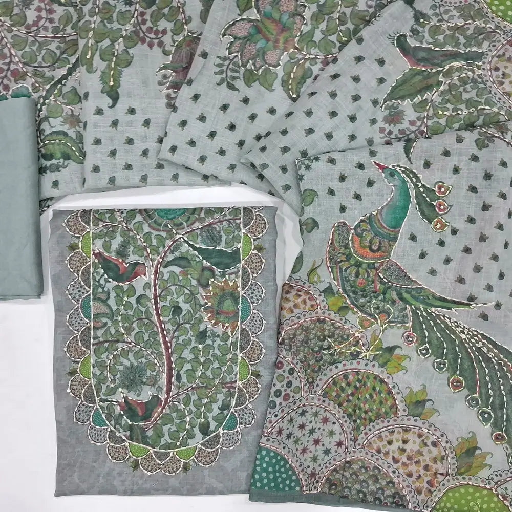 Designer Grey premium linen unstitched salwar material (textured, Lining needed) kalamkari print, kantha stitch work on yoke, matching santoon bottom, kalamkari printed premium linen dupatta. OC253012