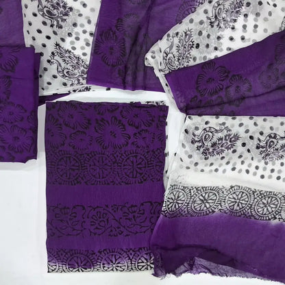 White & purple block printed georgette unstitched salwar material ( Lining Needed)peacock block printed all over,block printed santoon bottom, block printed chiffon dupatta.JN262810