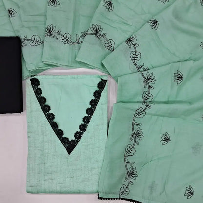 Pastel blue spun cotton unstitched salwar material,lace work on yoke, rich embroidery on daman (lining needed)black cotton bottom,embroidered soft silk cotton dupatta. JN262811
