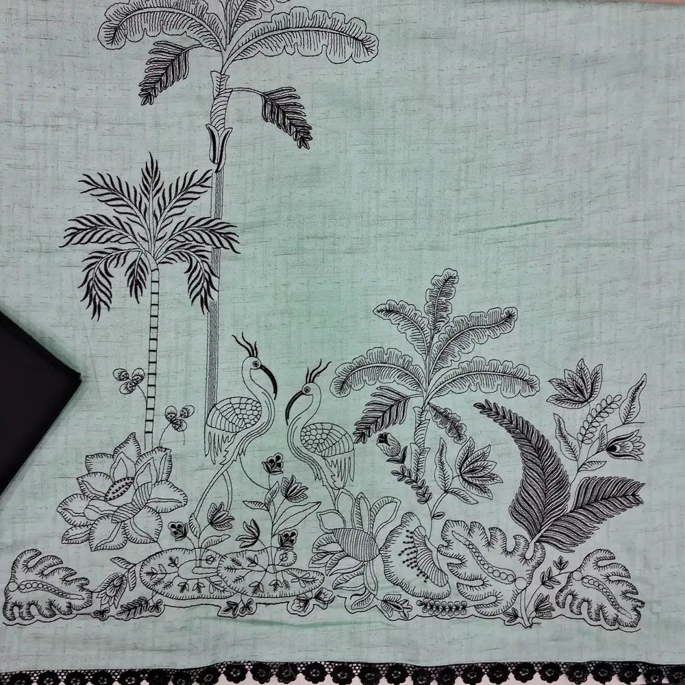 Pastel blue spun cotton unstitched salwar material,lace work on yoke, rich embroidery on daman (lining needed)black cotton bottom,embroidered soft silk cotton dupatta. JN262811