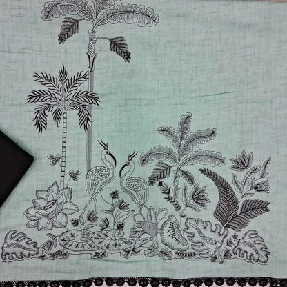Pastel blue spun cotton unstitched salwar material,lace work on yoke, rich embroidery on daman (lining needed)black cotton bottom,embroidered soft silk cotton dupatta. JN262811