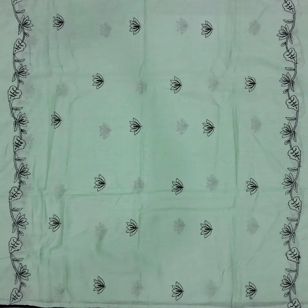 Pastel blue spun cotton unstitched salwar material,lace work on yoke, rich embroidery on daman (lining needed)black cotton bottom,embroidered soft silk cotton dupatta. JN262811
