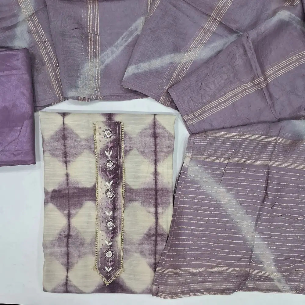 Mauve shade semi linen unstitched salwar material (lining needed)thread & zardozi work on yoke,silky bottom,shibori soft silk cotton dupatta. JN262812