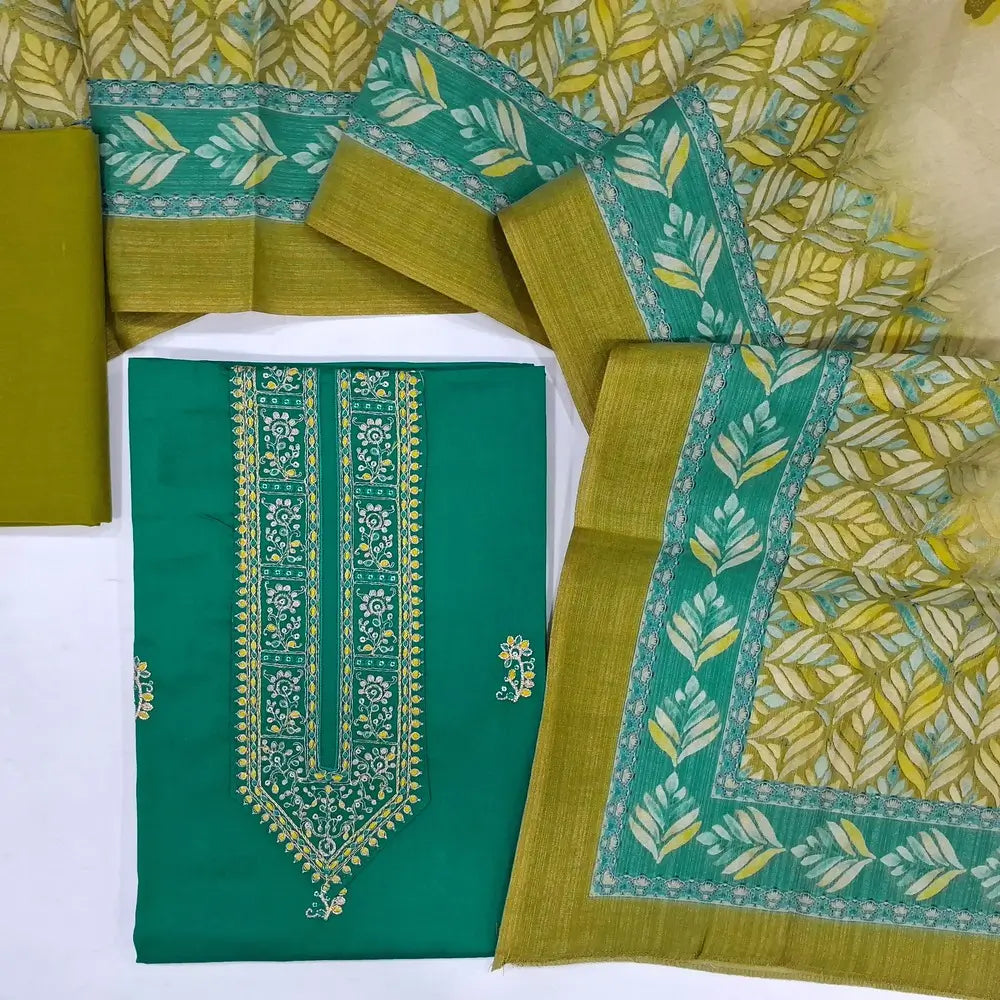 Turquoise green satin cotton unstitched salwar material(lining needed) zari & thread work on yoke, light green cotton bottom, digital printed tissue silk cotton dupatta.JN262813