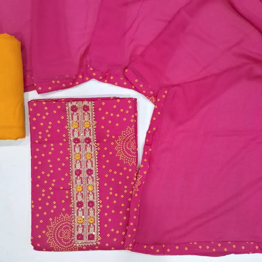 Pink bandhini printed satin cotton unstitched salwar material,sequins work on yoke(lining needed)yellow santoon bottom,fancy chiffon dupatta with tapping.JN262817