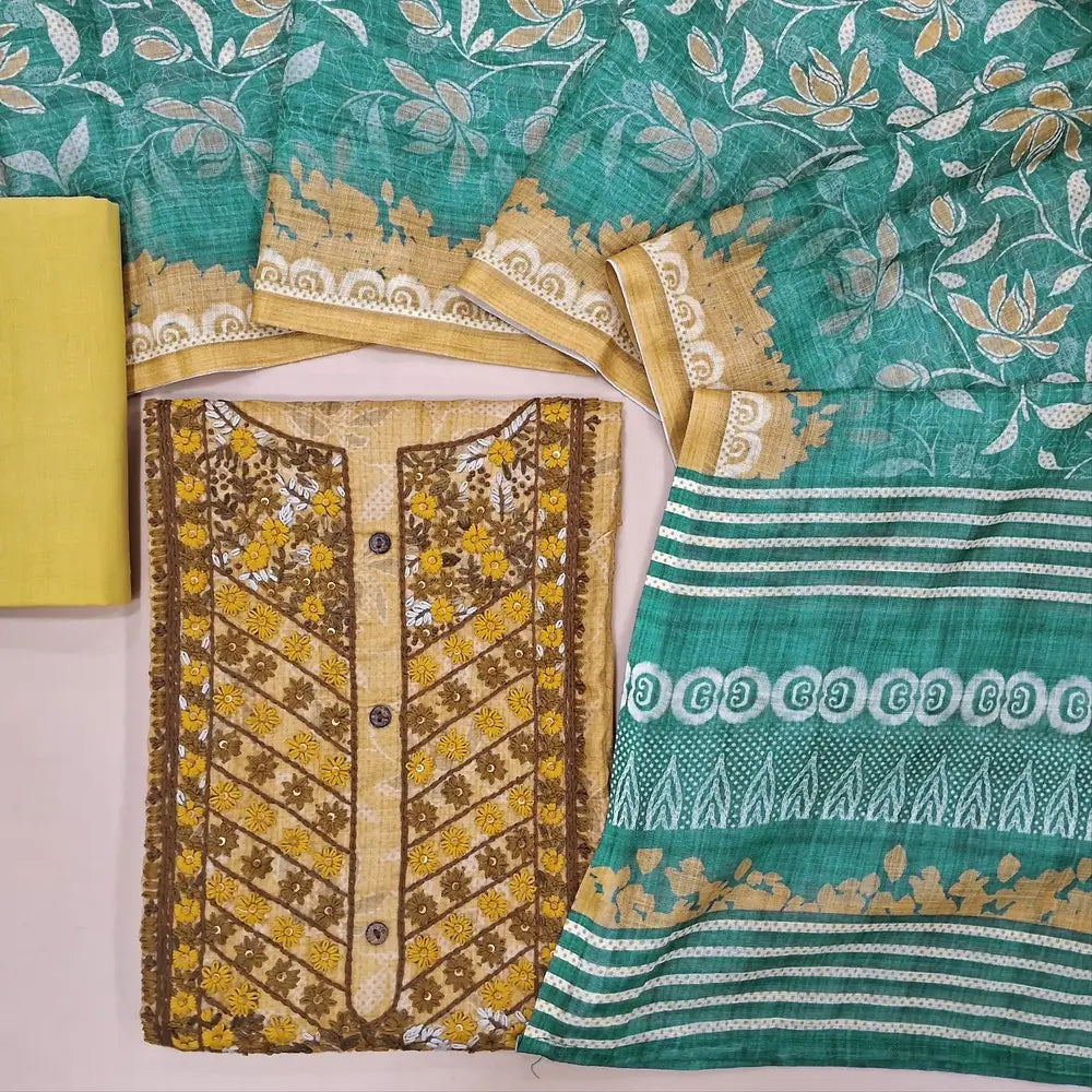 Light mehandhi yellow designer digital printed silk cotton unstitched salwar material, heavy hand embroidered on yoke(lining needed)matching drum dyed cotton fabric provided for lining, NO BOTTOM, printed pure spun cotton dupatta. CODE FB252615