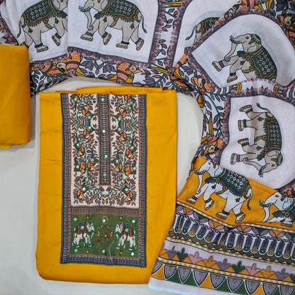 Yellow satin cotton unstitched salwar material, (Lining needed) floral printed and faux mirror work on yoke, cotton bottom, digital printed silk cotton dupatta.(TAPPING NEEDED) JN262814