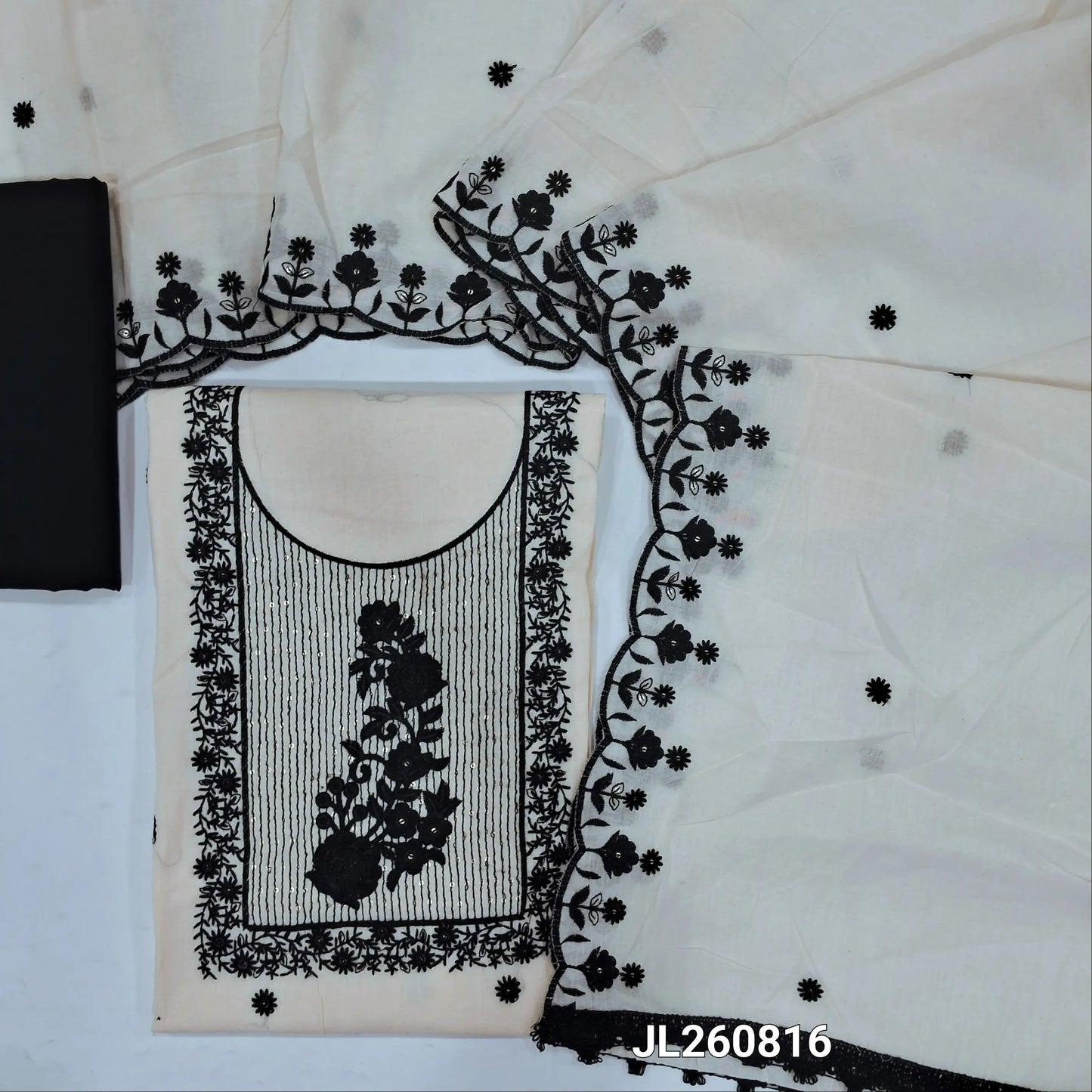 Off white base pure mul cotton unstitched salwar material,sequins,embroidery work on yoke, embroidery thread work on front(soft,lining needed)black bottom,embroidery mul cotton dupatta with scallop edges. JL260816