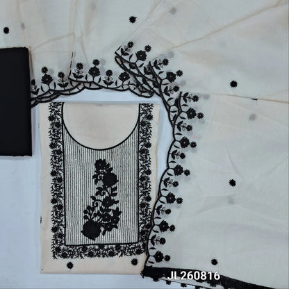 Off white base pure mul cotton unstitched salwar material,sequins,embroidery work on yoke, embroidery thread work on front(soft,lining needed)black bottom,embroidery mul cotton dupatta with scallop edges. JL260816