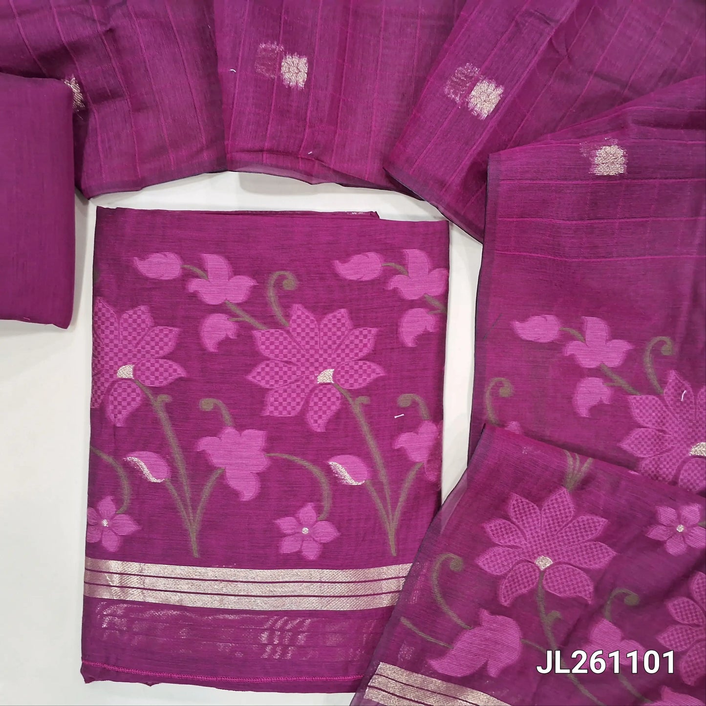 Rani pink jamdani woven silk cotton unstitched salwar material,thread and zari buttas on front,weaving daman, (lining needed) silk cotton bottom,jamdani woven and self checked weaving on full length silk cotton dupatta with pallu. JL261101