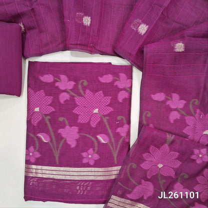 Rani pink jamdani woven silk cotton unstitched salwar material,thread and zari buttas on front,weaving daman, (lining needed) silk cotton bottom,jamdani woven and self checked weaving on full length silk cotton dupatta with pallu. JL261101