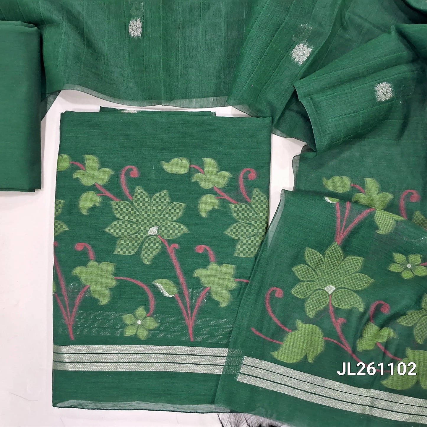 Bottle green jamdani woven silk cotton unstitched salwar material,thread and zari buttas on front,weaving daman, (lining needed) silk cotton bottom,jamdani woven and self checked weaving on full length silk cotton dupatta with pallu. JL261102