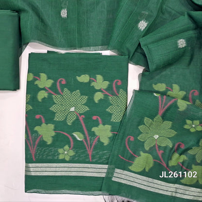 Bottle green jamdani woven silk cotton unstitched salwar material,thread and zari buttas on front,weaving daman, (lining needed) silk cotton bottom,jamdani woven and self checked weaving on full length silk cotton dupatta with pallu. JL261102