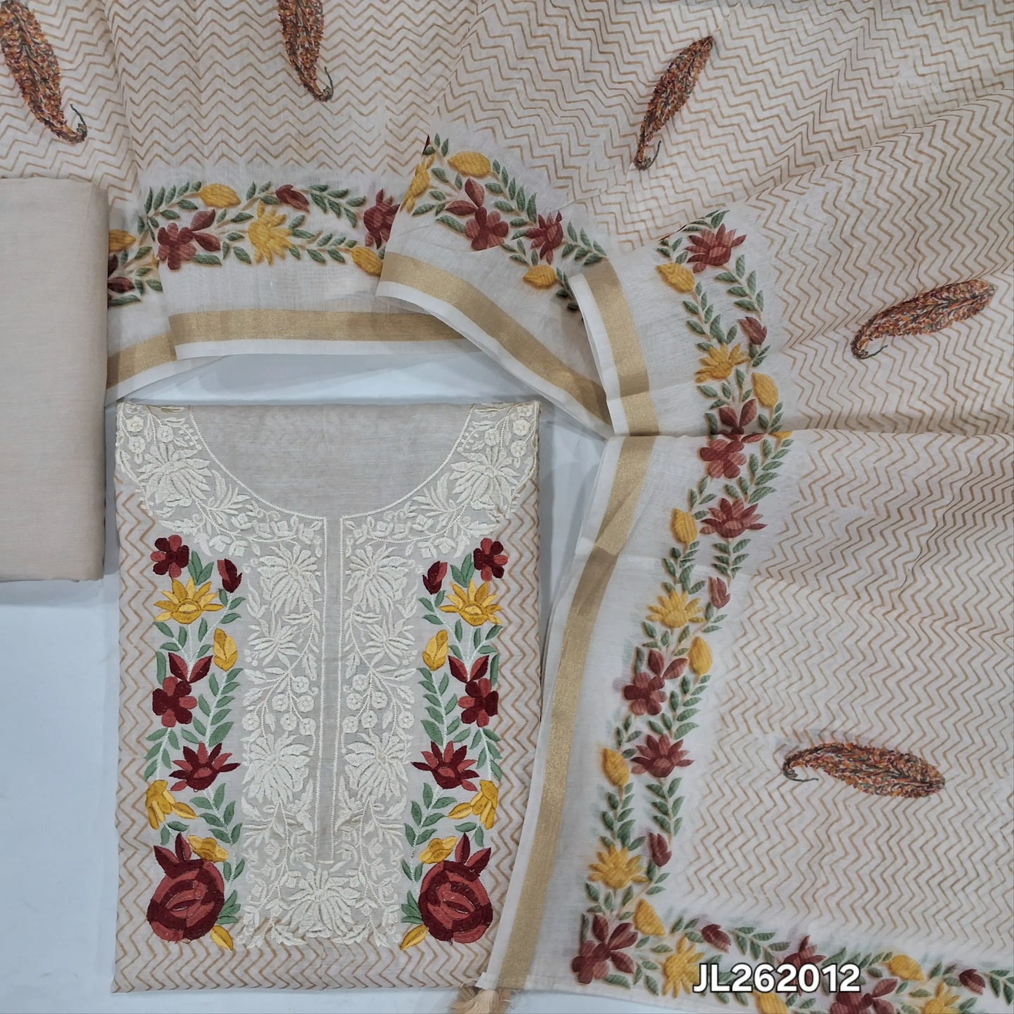 Light grey base printed mul chanderi unstitched salwar material, thread embroidery work on yoke, (thin, lining needed)spun cotton bottom, digital printed mul chanderi dupatta with gold tissue borders. JL262012