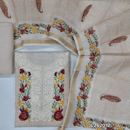 Light grey base printed mul chanderi unstitched salwar material, thread embroidery work on yoke, (thin, lining needed)spun cotton bottom, digital printed mul chanderi dupatta with gold tissue borders. JL262012