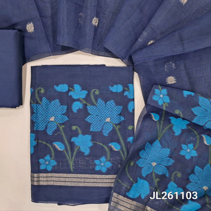 Dark blue jamdani woven silk cotton unstitched salwar material,thread and zari buttas on front,weaving daman, (lining needed) silk cotton bottom,jamdani woven and self checked weaving on full length silk cotton dupatta with pallu. JL261103