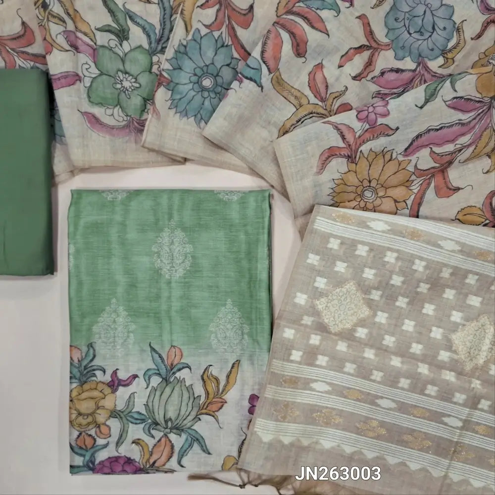 Designer pastel green digital printed moonga silk unstitched salwar material,digital printed all over(light weight,lining needed)matching silky bottom,digital printed permium moonga silk dupatta with jamdhani woven pallu. JN263003