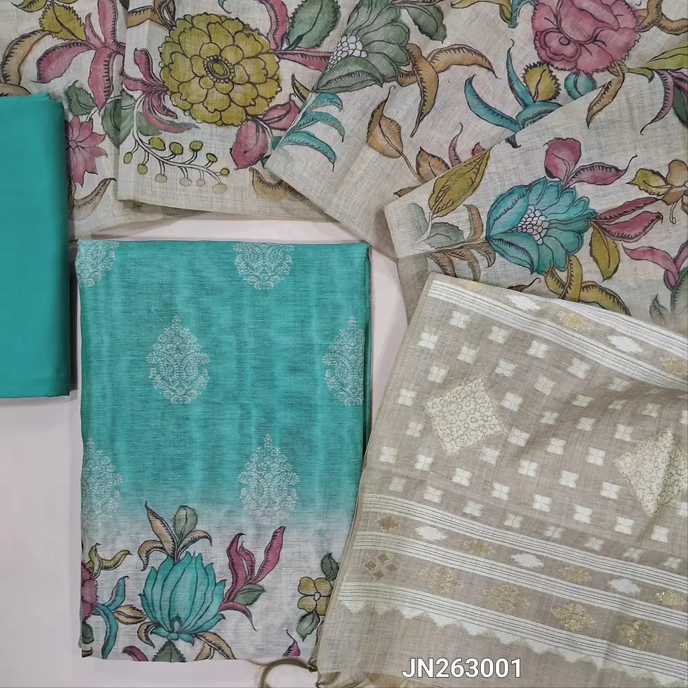 Designer pastel blue digital printed moonga silk unstitched salwar material,digital printed all over(light weight,lining needed)matching silky bottom,digital printed permium moonga silk dupatta with jamdhani woven pallu. JN263001
