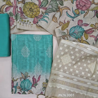 Designer pastel blue digital printed moonga silk unstitched salwar material,digital printed all over(light weight,lining needed)matching silky bottom,digital printed permium moonga silk dupatta with jamdhani woven pallu. JN263001