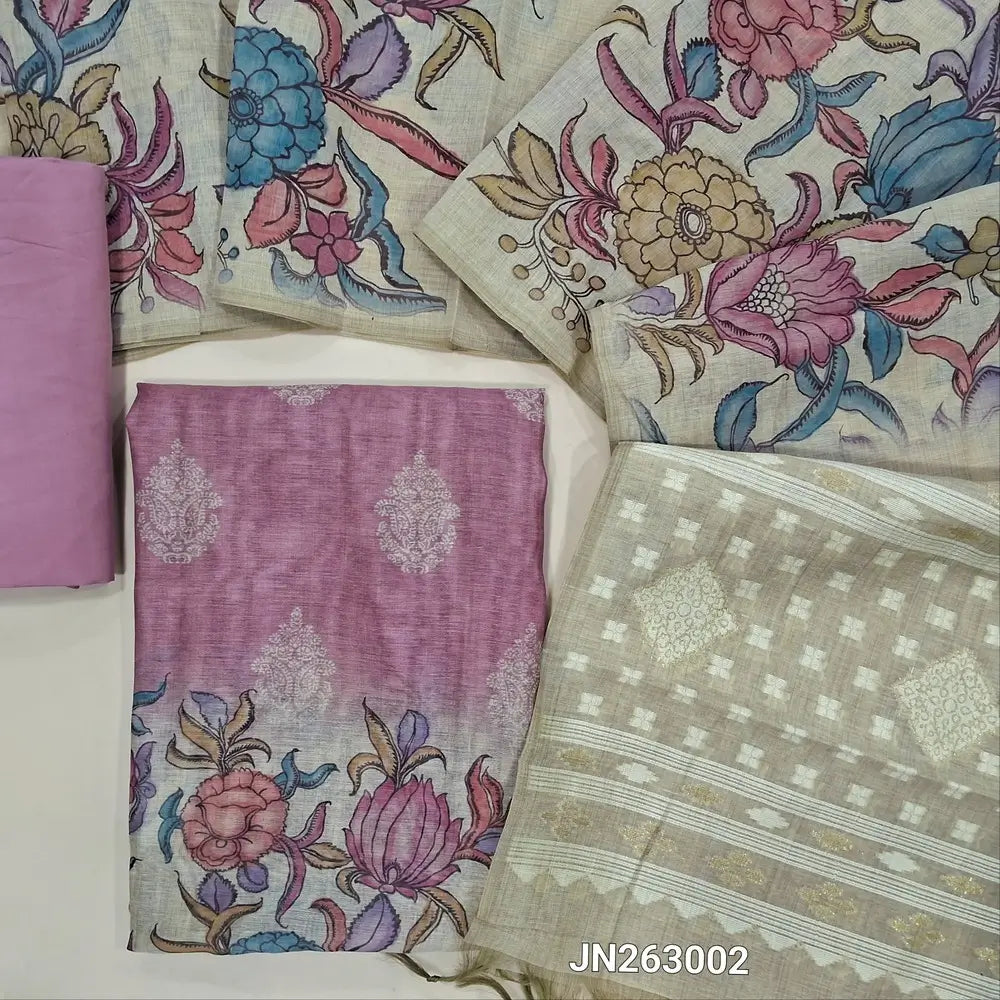 Designer mauve shade digital printed moonga silk unstitched salwar material,digital printed all over(light weight,lining needed)matching silky bottom,digital printed permium moonga silk dupatta with jamdhani woven pallu. JN263002